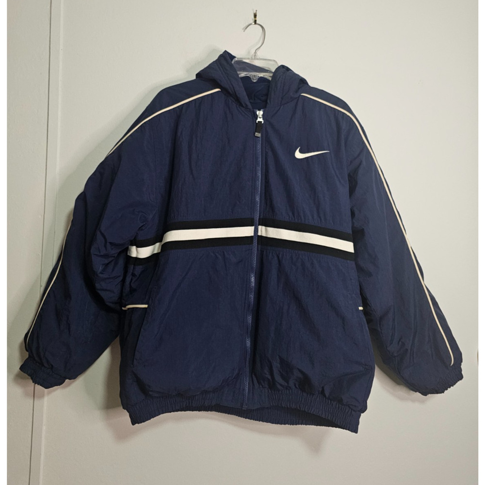 VTG 90s Nike Hooded Jacket White Blue Track Windbreaker Anorak Youth SZ XL 18-20